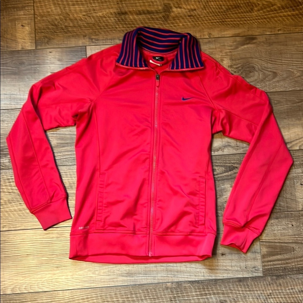 Nike Y2K Pink and Blue Bomber Jacket with Striped Collar